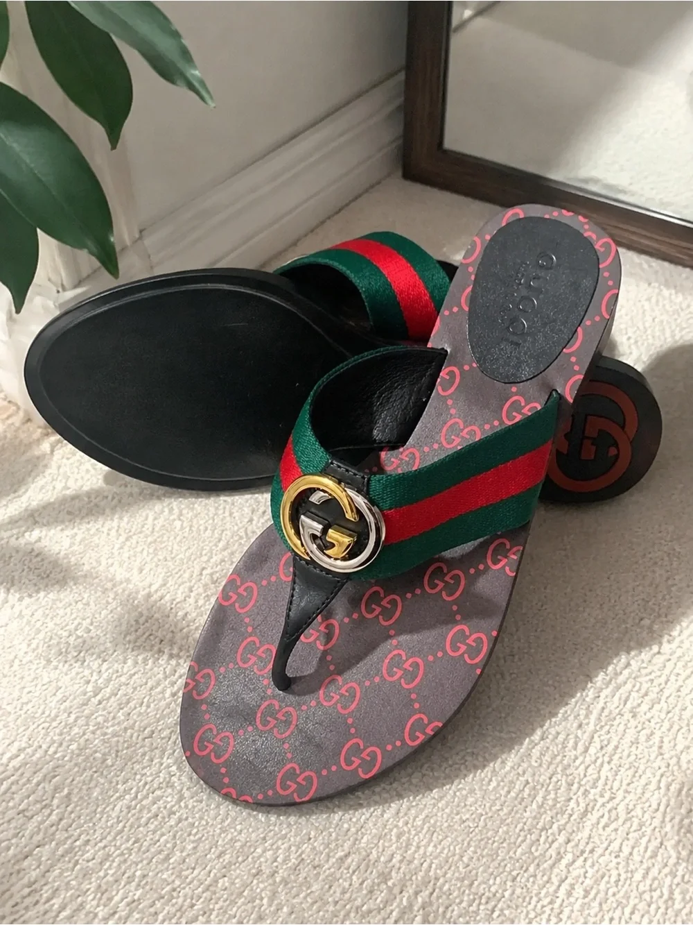 Gucci Green Red Black GG Web Thong Sandals with Gold Double G